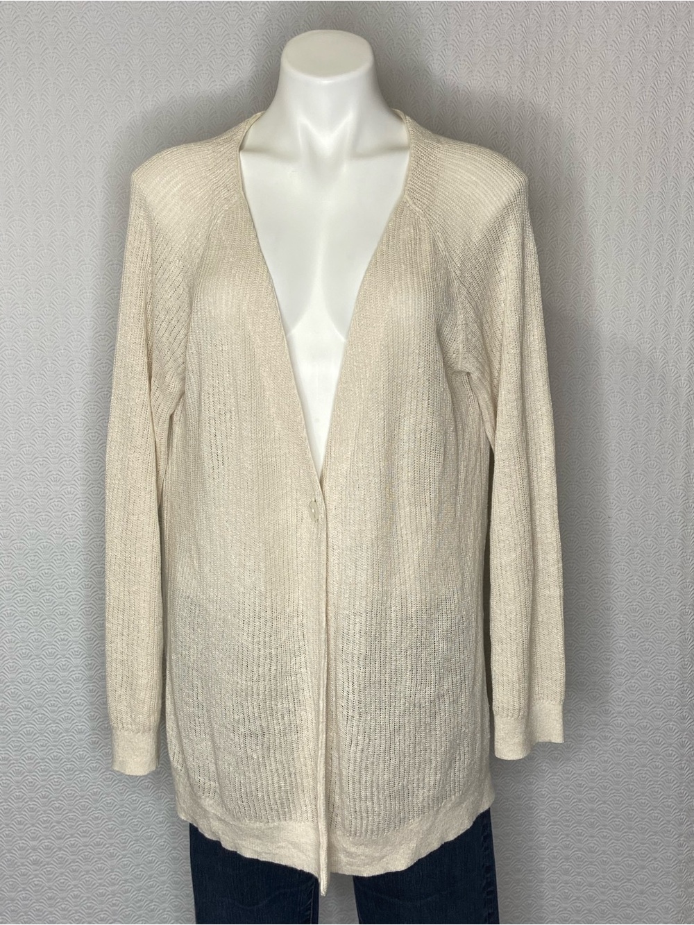 GARNET HILL 100% Organic Linen Button Up Cardigan Sweater Long Sleeve Cream Lg